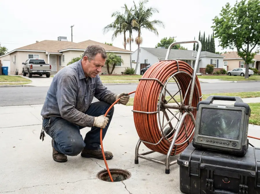 A high pressure jetting hose being fed into an open sewer cleanout.