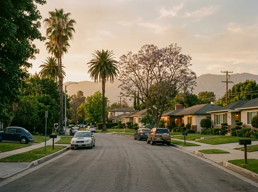 A quiet residential street of single storey homes with mature trees.