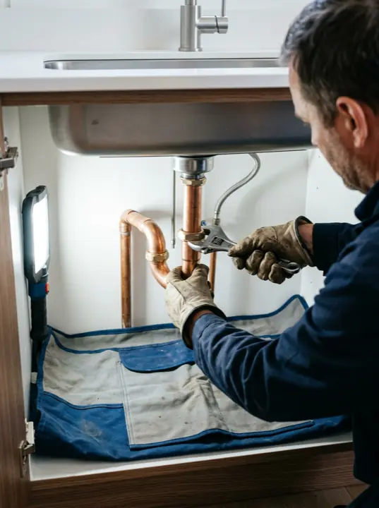 A plumber tightening a P-trap under a kitchen sink by work light.